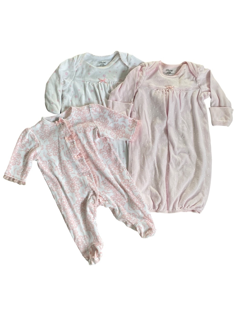 Little Me Baby Pajama Set 0-3M Pink & White Filigree and Polka Dots, Ruffles
